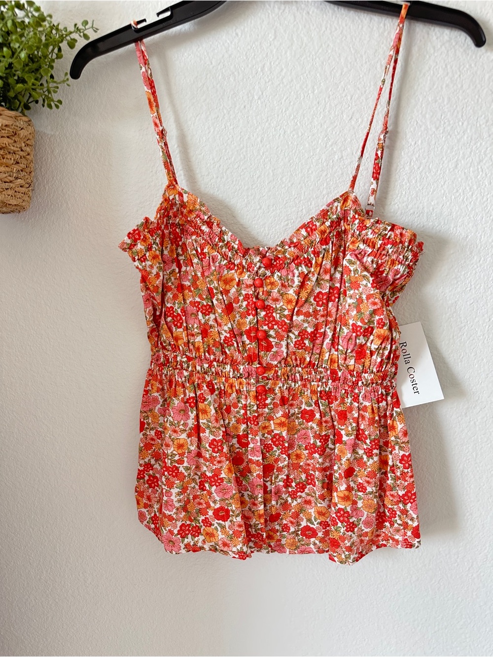 Rolla Coster Red-Pink Floral Smocked Spaghetti Strap Cami